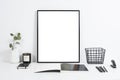 white office interior, stylish work table space with poster artw