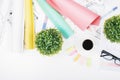 White office workspace with various items Royalty Free Stock Photo