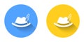 White Oktoberfest hat icon isolated with long shadow background. Hunter hat with feather. German hat. Circle button