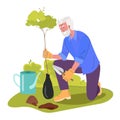 White old man gardening. Grandfather planting gardens vegetables, agriculture gardener hobby plants at home and outdoor.