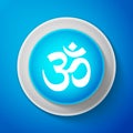 White Om or Aum Indian sacred sound icon isolated on blue background. Symbol of Buddhism and Hinduism religions