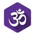 White Om or Aum Indian sacred sound icon isolated with long shadow. Symbol of Buddhism and Hinduism religions. The Royalty Free Stock Photo