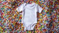 a white onesie surrounded by colorful sprinkles, evoking a sense of playful joy and sweetness.