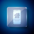 White Online real estate house on smartphone icon isolated on blue background. Home loan concept, rent, buy, buying a Royalty Free Stock Photo