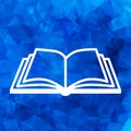 White open book icon on a blue triangular polygonal backg