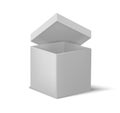 White open box. Realistic cardboard cube, 3D empty container with lid and shadow effect. Geometric square form with