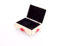 White open casket with black velvet inside on a white background