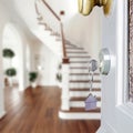 White open door entrance luxury hallway of modern house, Open door with keys, key in keyhole wooden stairs