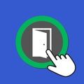 White open door icon. Exit, solution concept. Hand Mouse Cursor Clicks the Button