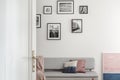 White open door to Stylish scandinavian living room interior in old tenement house Royalty Free Stock Photo