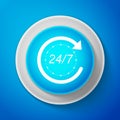 White Open 24 hours a day and 7 days a week icon isolated on blue background. All day cyclic icon. Circle blue button Royalty Free Stock Photo