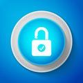 White Open padlock and check mark icon isolated on blue background. Security check lock sign. Circle blue button with Royalty Free Stock Photo