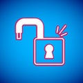 White Open padlock icon isolated on blue background. Opened lock sign. Cyber security concept. Digital data protection Royalty Free Stock Photo