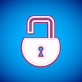 White Open padlock icon isolated on blue background. Opened lock sign. Cyber security concept. Digital data protection Royalty Free Stock Photo