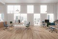 White open space office with checkered windows, side view Royalty Free Stock Photo