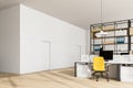 White open space office corner, bookcase and doors Royalty Free Stock Photo