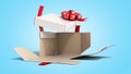 White open Square Gift Box with Red Ribbon and Bow 3d render on blue gradient Royalty Free Stock Photo