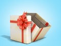 White open Square new year Gift Box with Red Ribbon and Bow 3d render on blue gradient Royalty Free Stock Photo