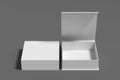 White opened and closed square folding gift box mock up on gray background. Front view Royalty Free Stock Photo