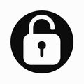 White opened padlock in black circle icon design on isolated white background. Vector clipart illustration. Unlock sign for Royalty Free Stock Photo