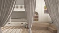 White openings curtains overlay children bedroom, interior design background, front view, clipping path, vertical folds, soft