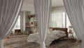 White openings curtains overlay classic bedroom, interior design background, front view, clipping path, vertical folds, soft tulle