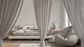 White openings curtains overlay modern bedroom, interior design background, front view, clipping path, vertical folds, soft tulle