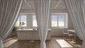 White openings curtains overlay modern kitchen, interior design background, front view, clipping path, vertical folds, soft tulle