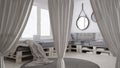 White openings curtains overlay modern living room, interior design background, front view, clipping path, vertical folds, soft