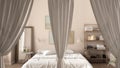 White openings curtains overlay wooden beige bedroom, interior design background, front view, clipping path, vertical folds, soft