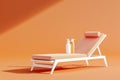 White and orange beach chair with a bottle of sunscreen. Generative AI