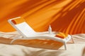 White and orange beach chair with a bottle of sunscreen. Generative AI