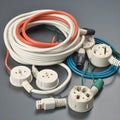 White, orange and blue cables in a circle with white plugs on a light grey background