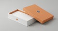 A White and Orange Box with a Blue Logo on a Gray Background Royalty Free Stock Photo