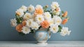 White And Orange Flowers Vase On Blue Wall: A Baroque-inspired Larme Kei Style