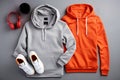 White and orange hoodie, sneakers, accessories on a gray background. Top view, flat lay. Athleisure style