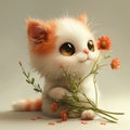 White and Orange Kitten Holding Flowers