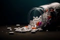 white orange pink pills falling out of a bottle on floor with dark emerald background Royalty Free Stock Photo