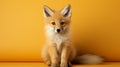 Adorable Red Fox Sitting In Front Of A Vibrant Yellow Background