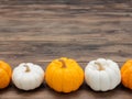 White and orange pumpkins put horizontally on dark wooden background Royalty Free Stock Photo