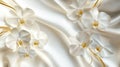 White orchids on luxurious satin with gold accents, elegant floral background Royalty Free Stock Photo