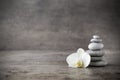 White orchid and spa stones on the grey background. Royalty Free Stock Photo
