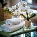 White orchids and towels on a table next to a glass vase with a candle in it Royalty Free Stock Photo