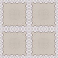 White organic cotton crochet lace background, backdrop for scrapbook, Christmas, yuletide, top view. Collage with mirror reflectio