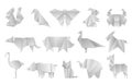 White origami animals. Geometric folded paper shapes, abstract bird dragon butterfly polygon templates. Vector japan