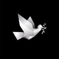 White origami flying dove with branch on black background. Polygonal pigeon logo template.