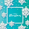 White Origami Snowfall. Merry Christmas Greetings card. White Paper cut snow flake. Happy New Year. Winter snowflakes Royalty Free Stock Photo