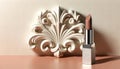 White ornamental design on ivory wall with rose lipstick on peach pink surface. AI Generated