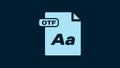 White OTF file document. Download otf button icon isolated on blue background. OTF file symbol. 4K Video motion graphic