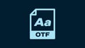 White OTF file document. Download otf button icon isolated on blue background. OTF file symbol. 4K Video motion graphic